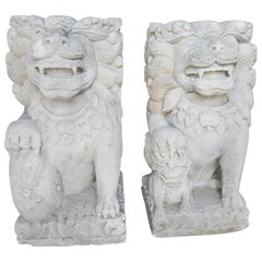 Pair of Balinese Limestone Lion Foo Dog Statues
