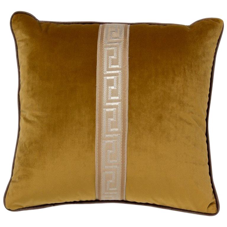Brabbu Labyrinth Pillow in Yellow Velvet with Stripe Detail For Sale
