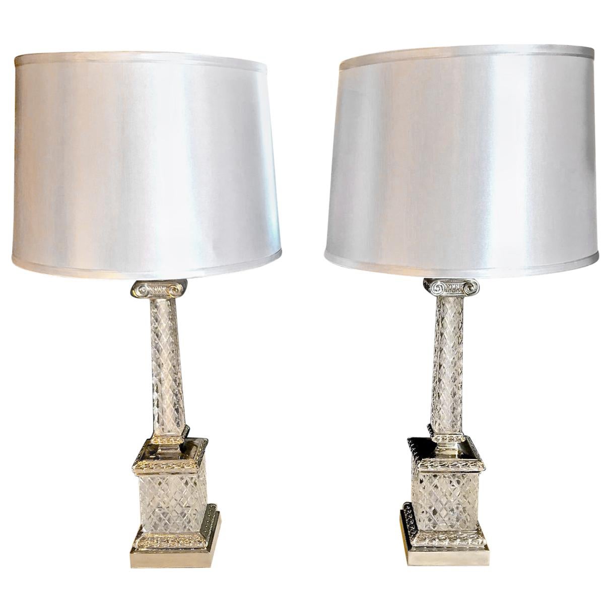 Pair of Cut Crystal Marbro Style Ionic Column Lamps