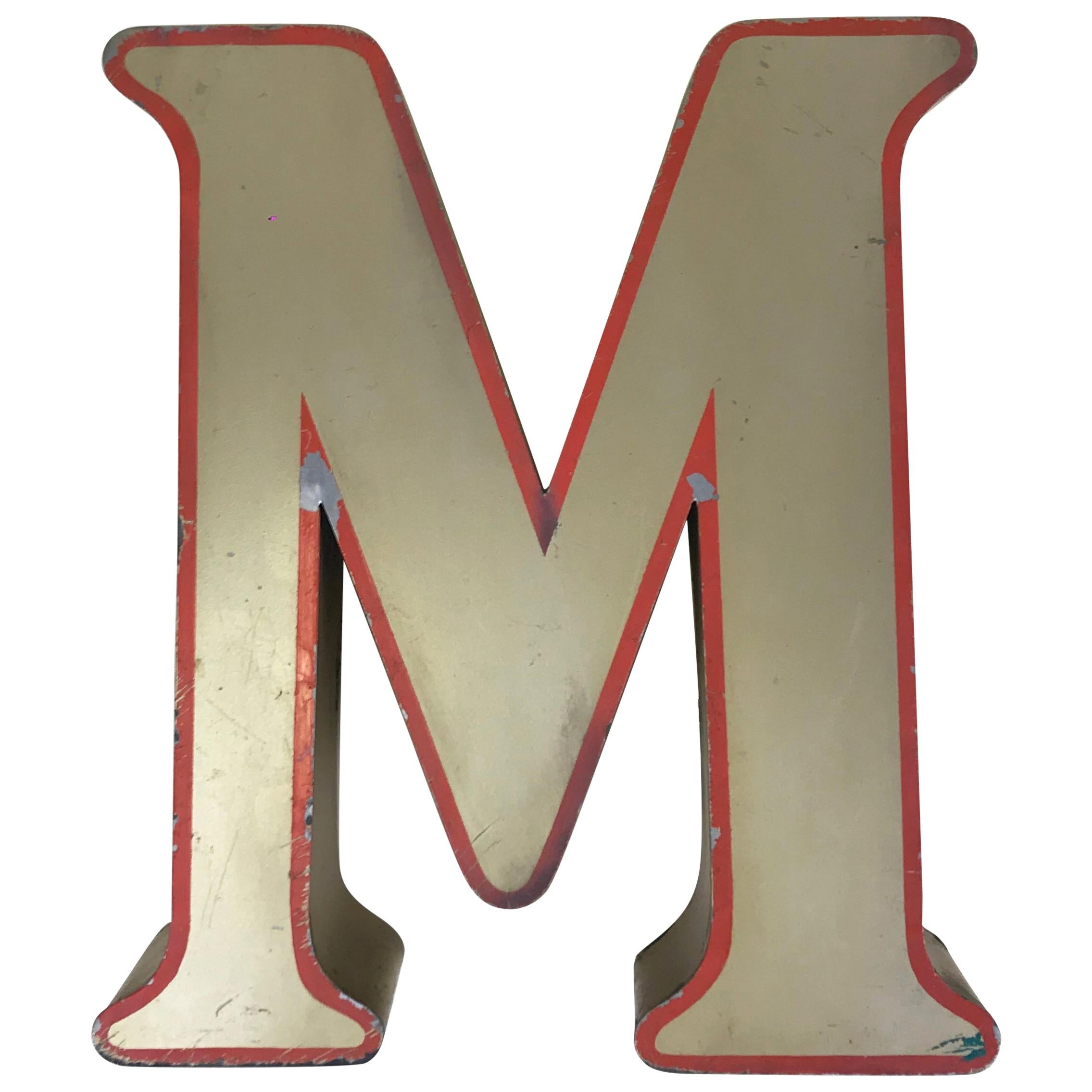 1970s Large English Vintage Metal Bronze Color Capital Letter M with Red Profile For Sale