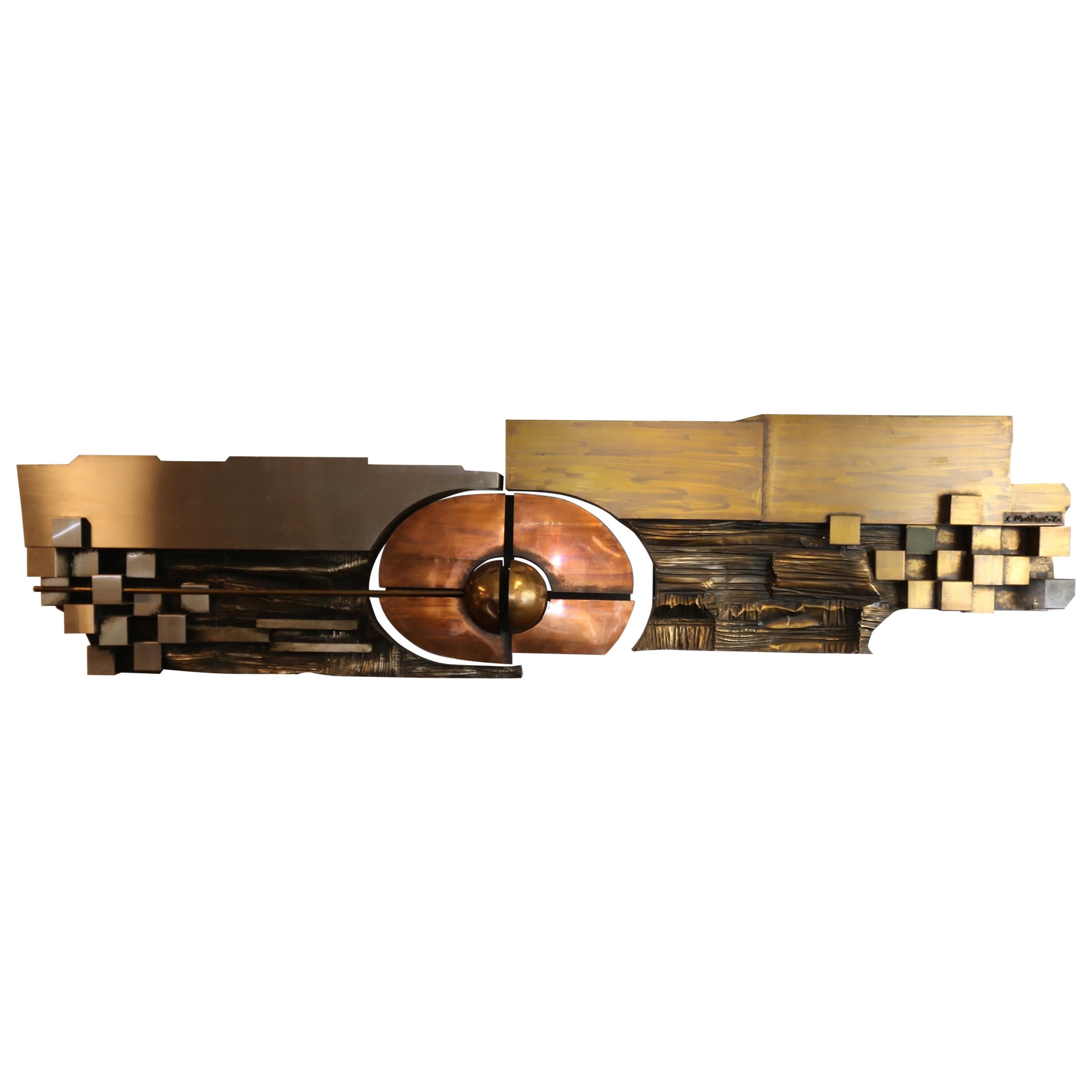 XL Hammered Copper, Brass and Steel Artwork by Carlos Marinas, 1975 For Sale