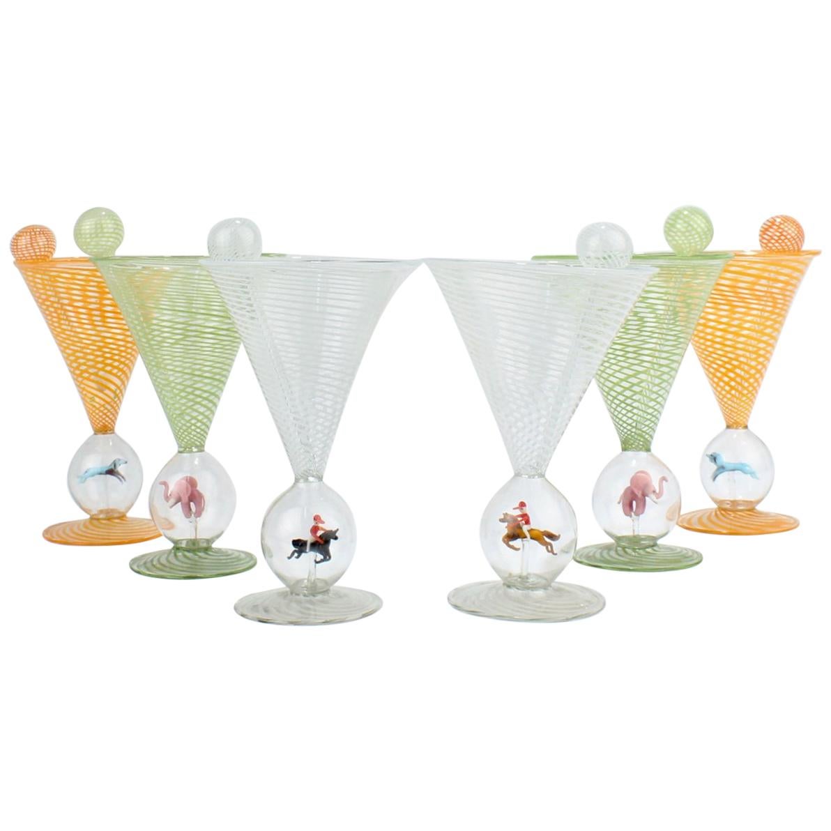 Set of 6 Bimini Glass Art Deco Martini Glasses with Cocktail Spears