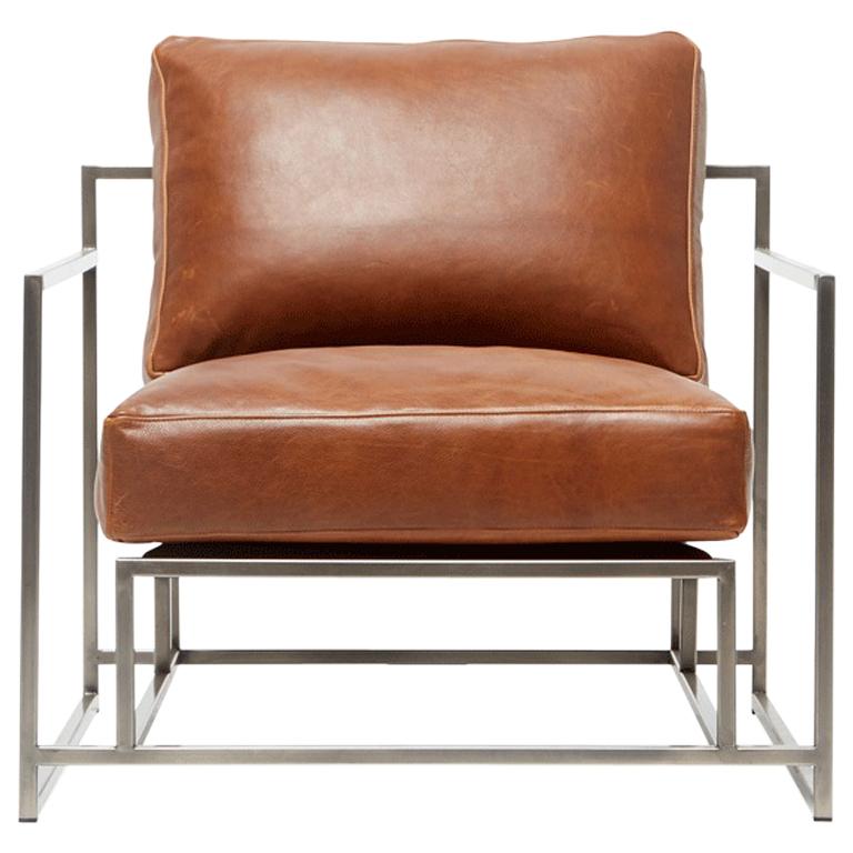 Tan Leather and Antique Nickel Armchair For Sale