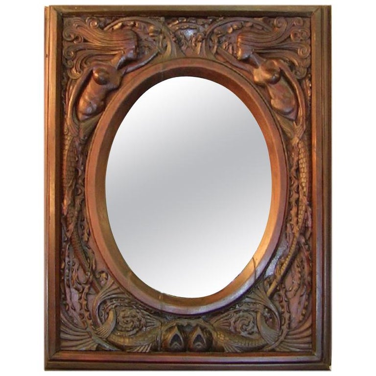 19th Century American Dark Walnut Wall Mirror With Mermaids