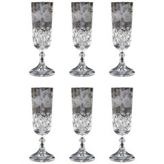 Vintage Set of Six English Cut Glass Grapevine Champagne Flutes