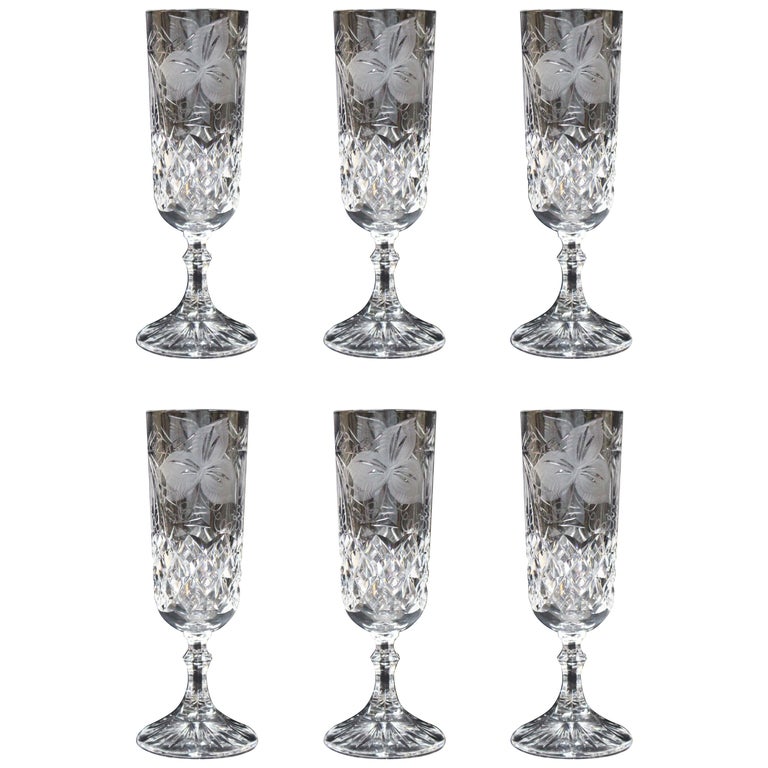 Set of Six English Cut Glass Grapevine Champagne Flutes For Sale at 1stDibs