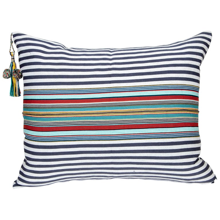 Handwoven Fine Cotton Pillow Grey Stripes and MultiColor Trim with