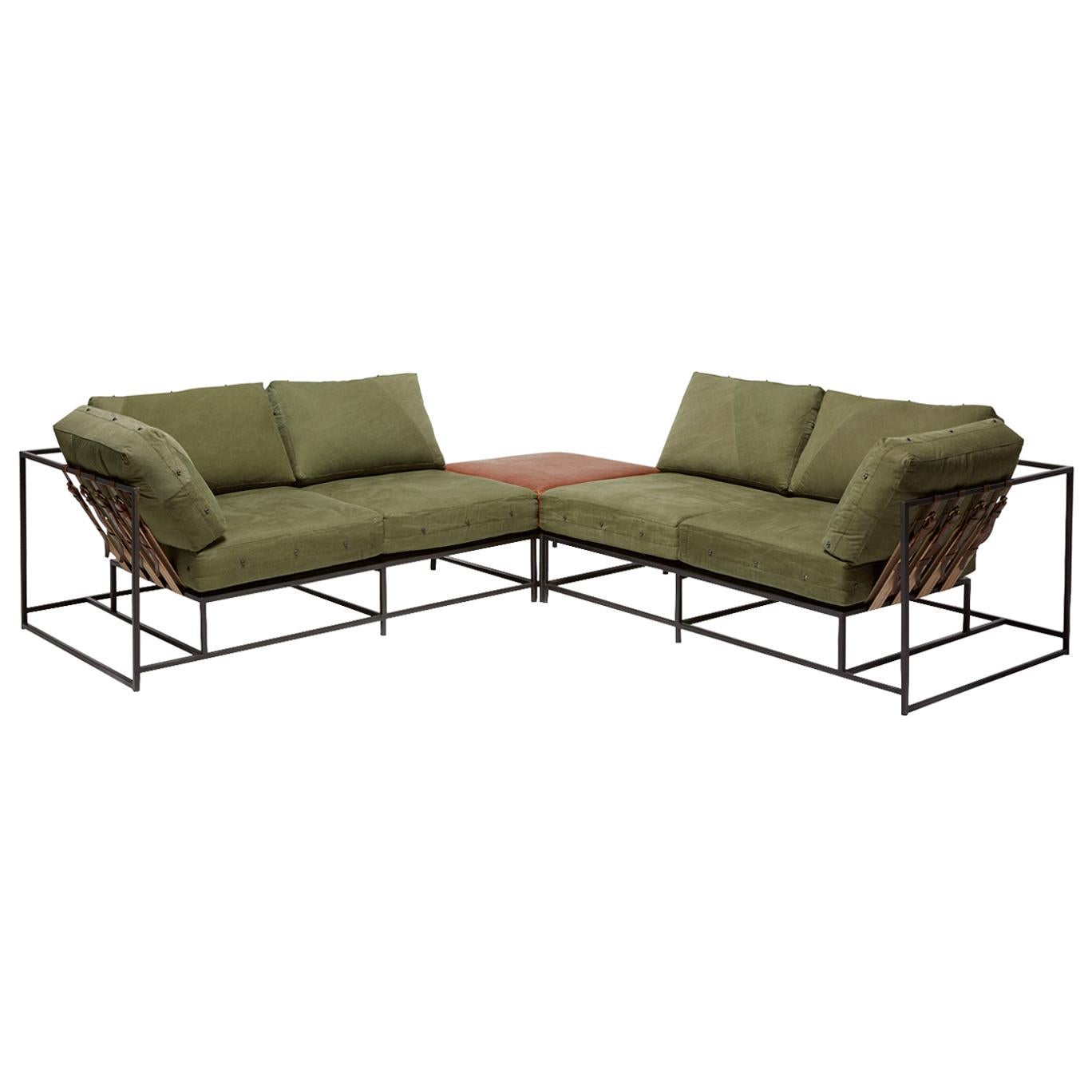 Vintage Military Canvas and Blackened Steel Four-Seat Sectional