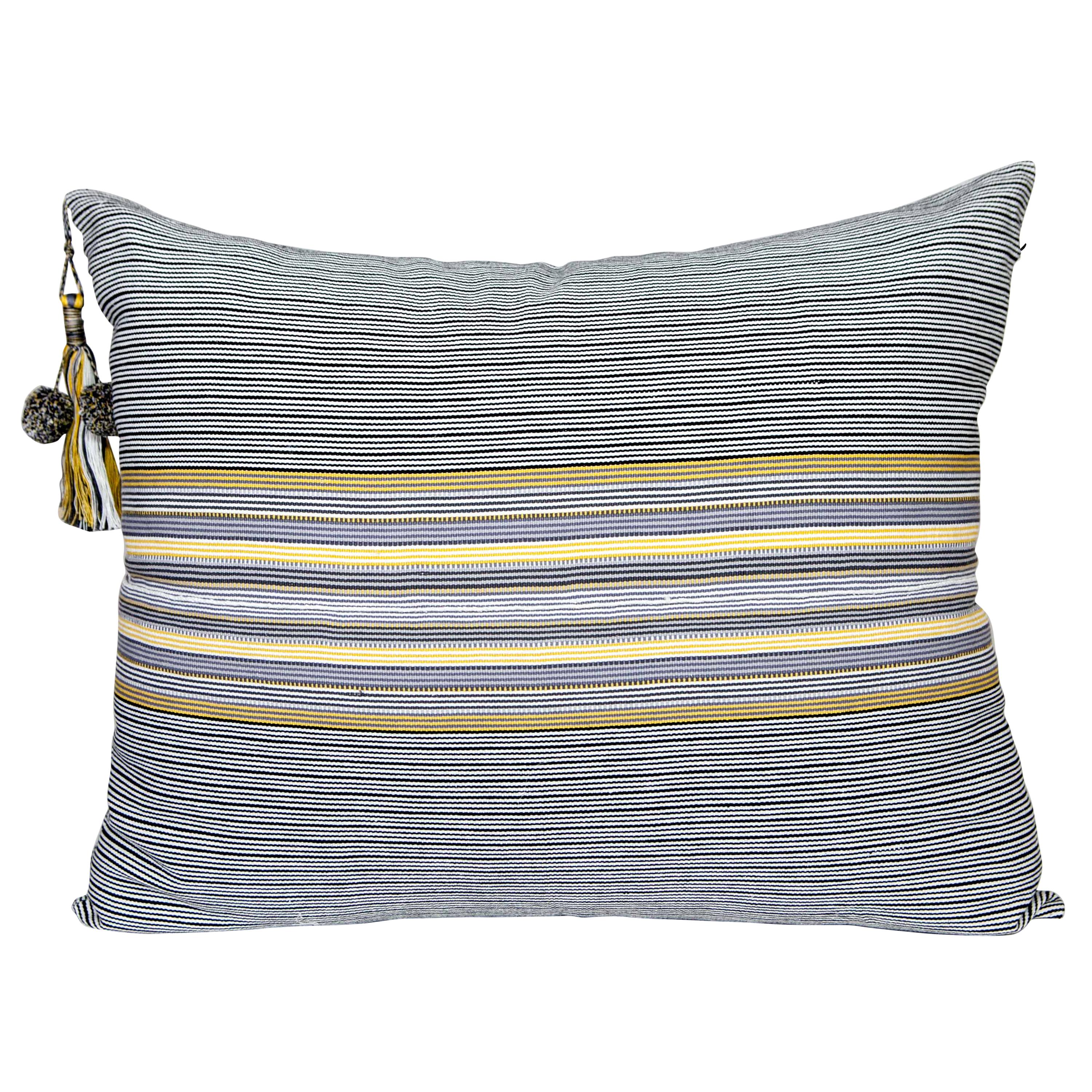 Handwoven Fine Cotton Throw Lg Pillow in Thin Grey Stripe with Tassel, in Stock For Sale