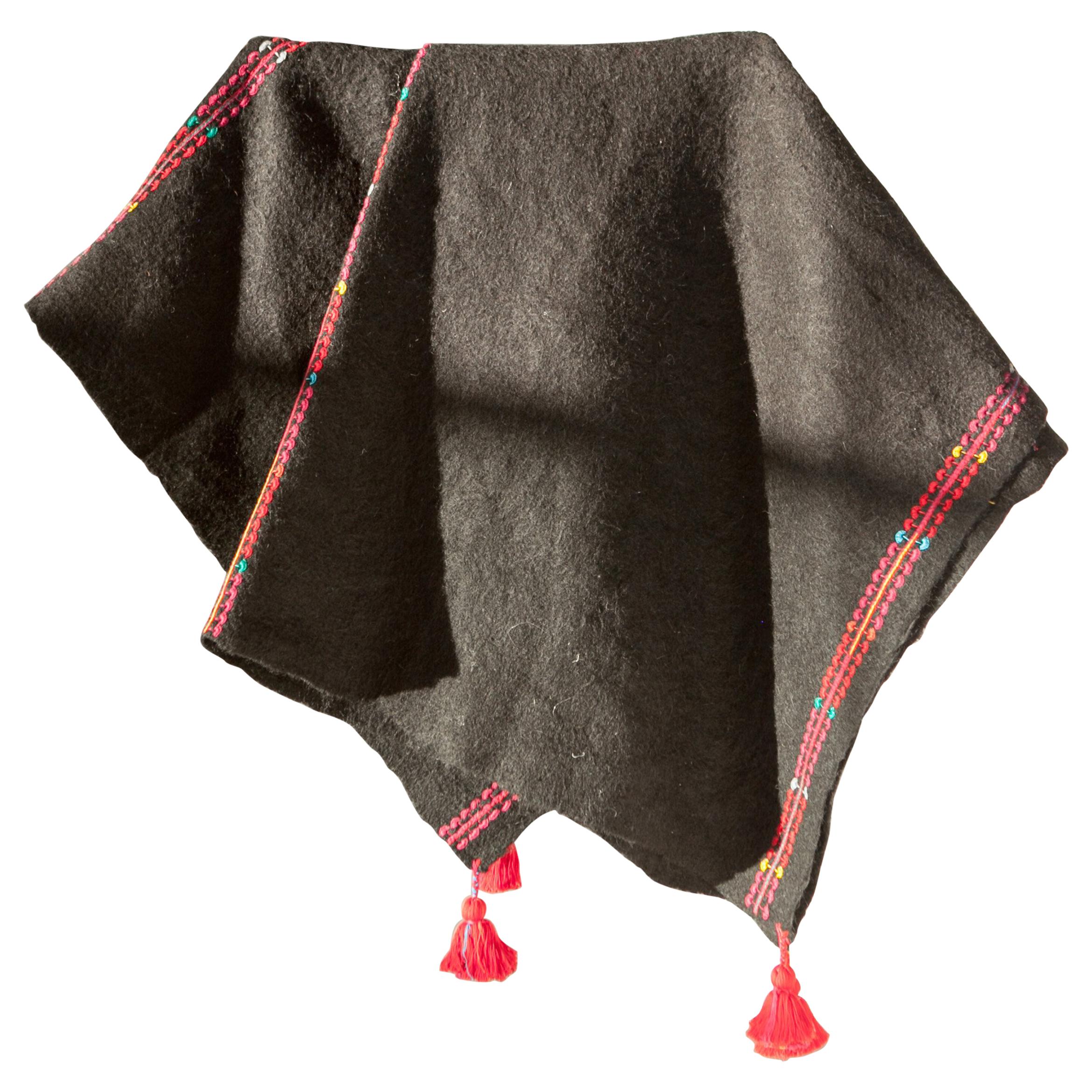 One of a Kind Handwoven Wool Throw in Black with Red Tassels, in Stock