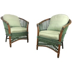Pair of Art Deco Split Reed Stick Wicker Lounge Chairs