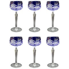 Vintage Set of Six Blue Overlay Crystal Hock Wine Glasses