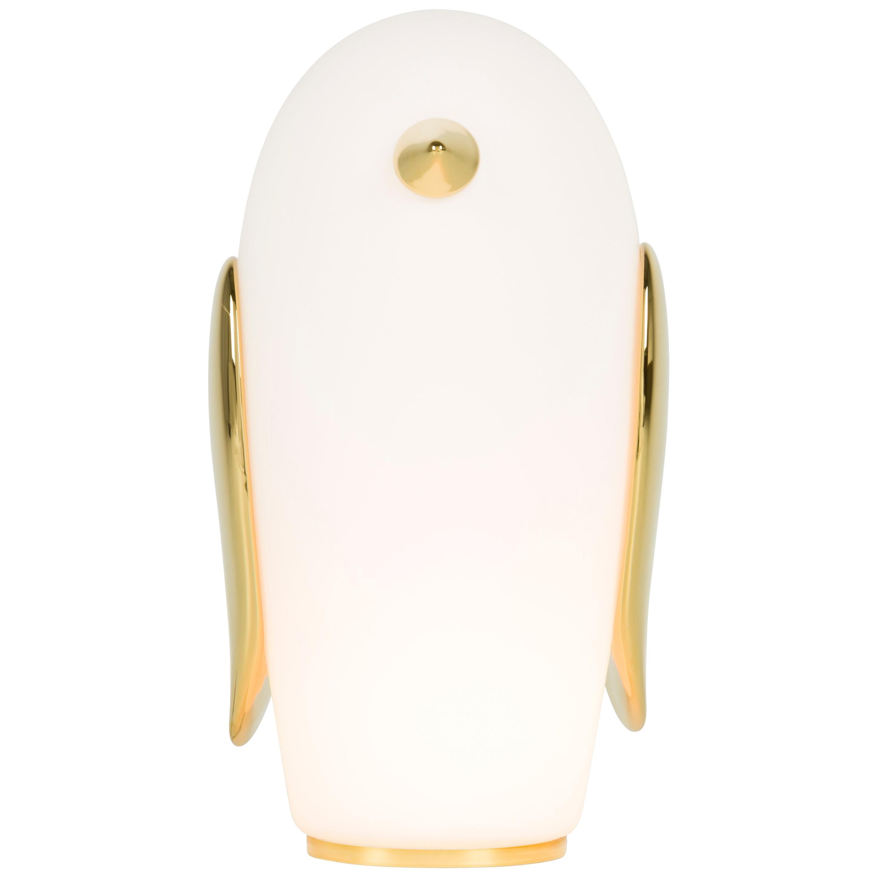 Moooi Noot Noot Table Lamp in White Opal Glass and Gold Painted Ceramic For Sale
