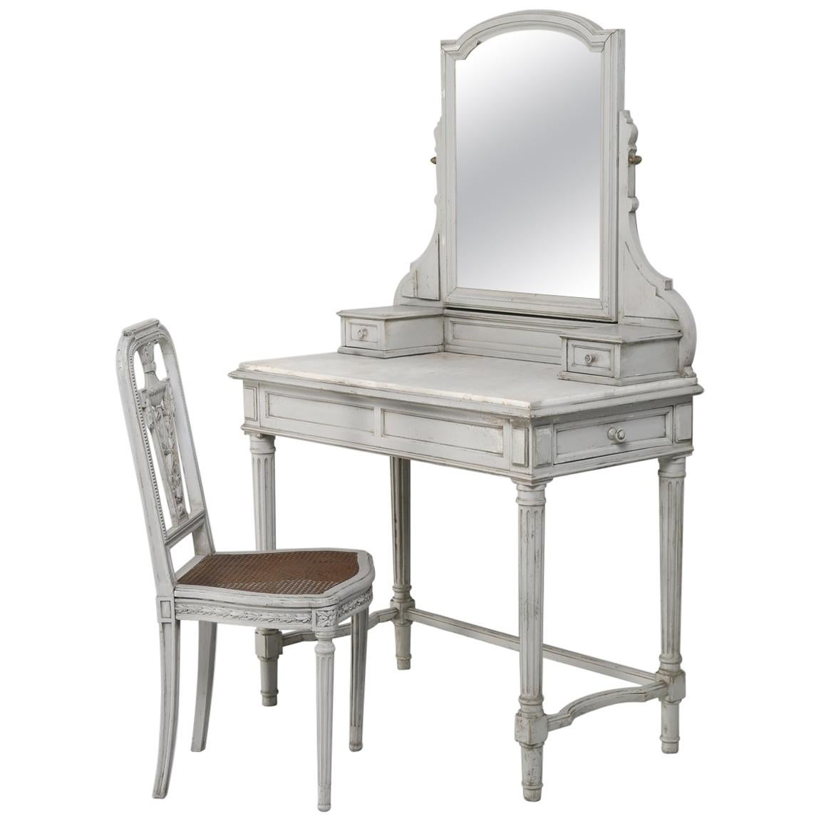 Antique French Louis XVI Style Dressing Table Matching Chair Original Grey Paint