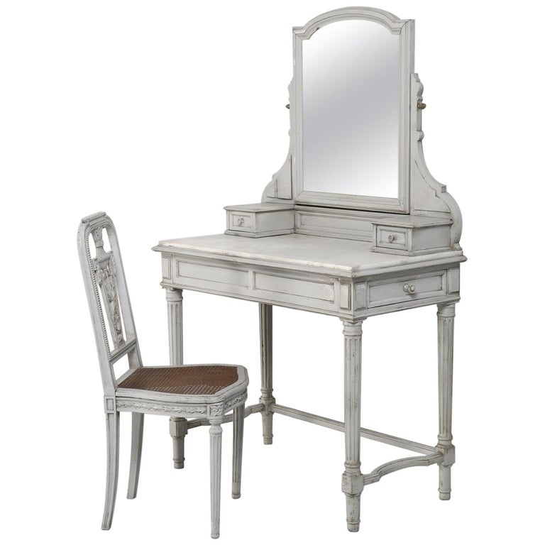 Antique French Dressing Table with Matching Chair in Original Grey Paint For Sale