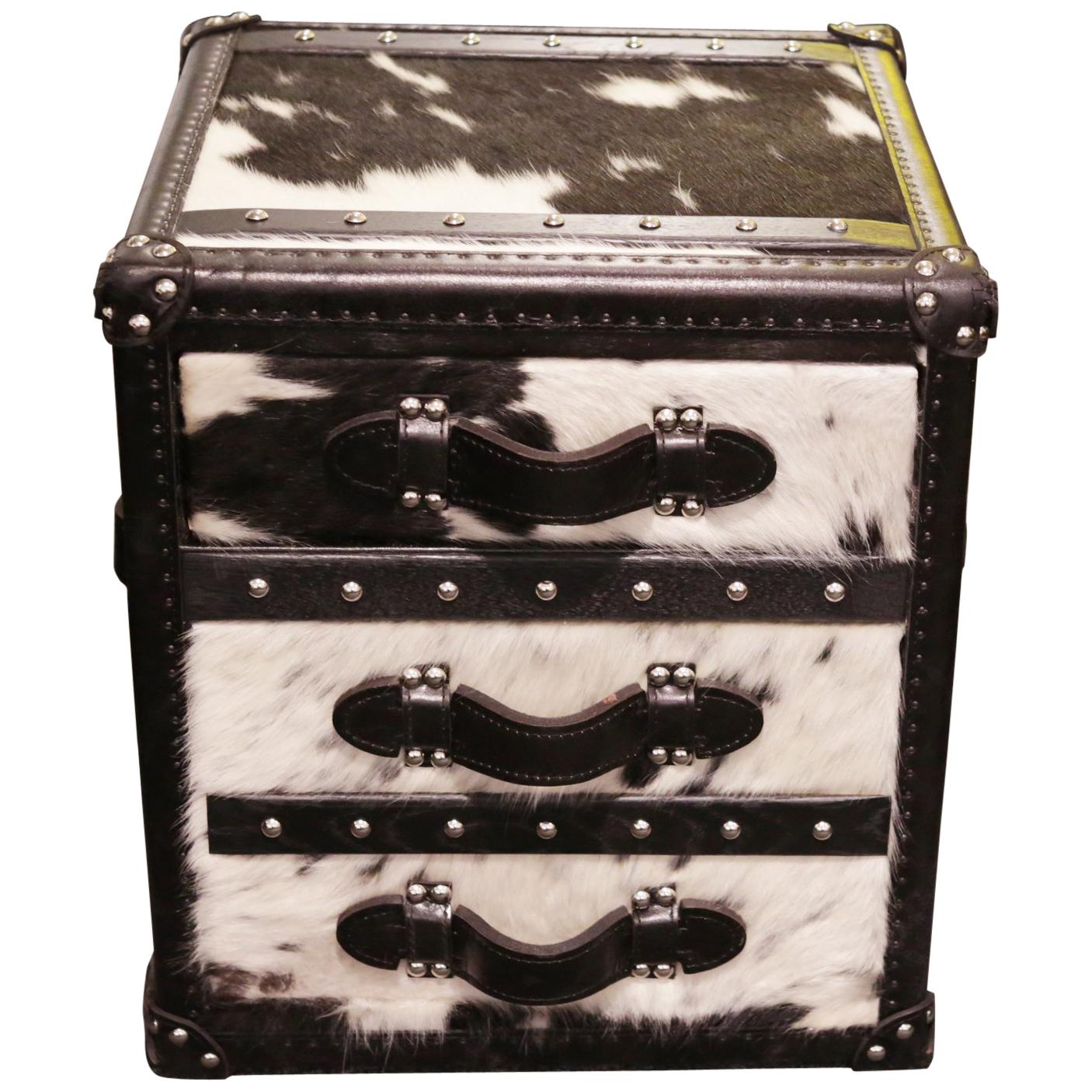 Wild Black and White Cowhide Cube Chest For Sale