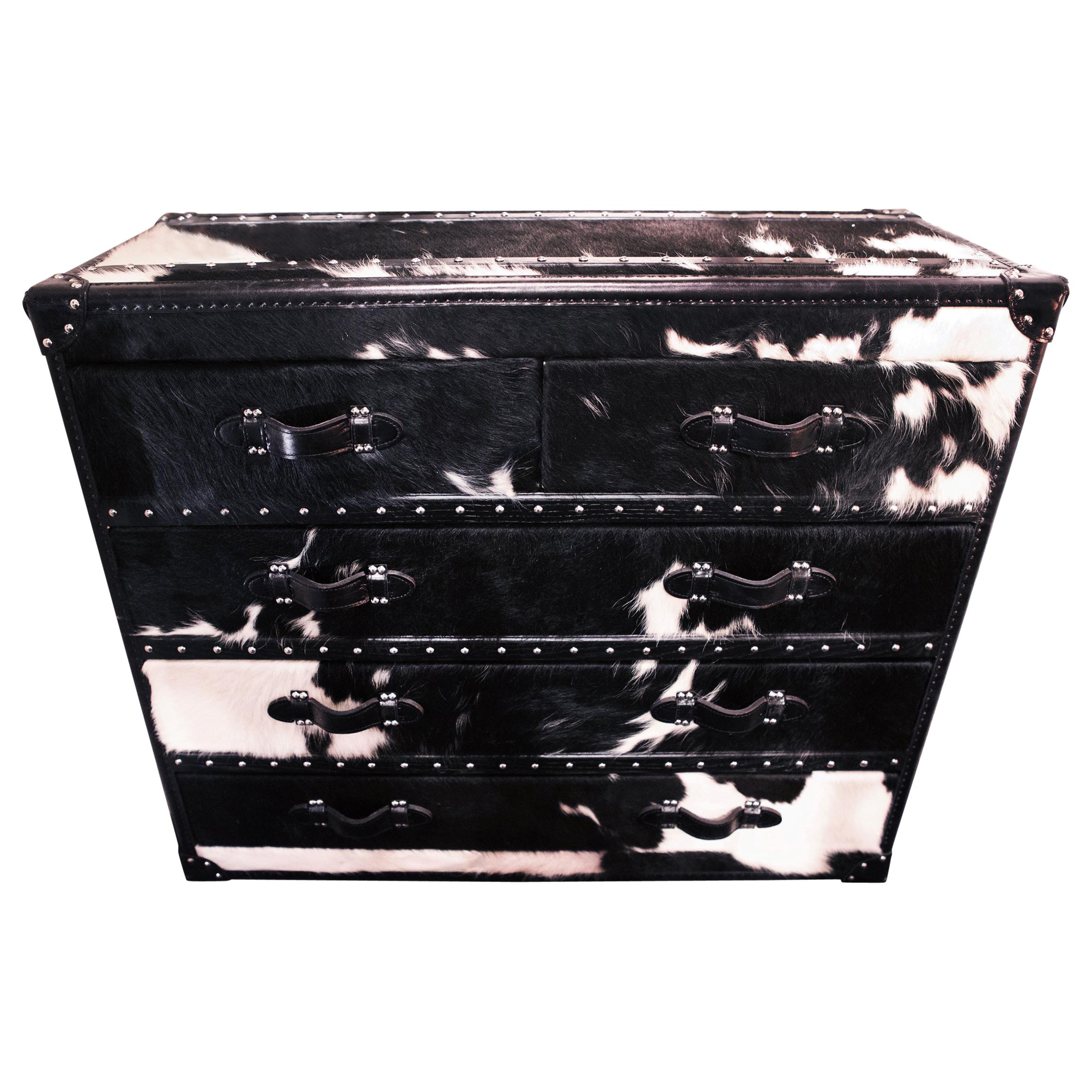 Wild Black and White Cowhide High Chest For Sale