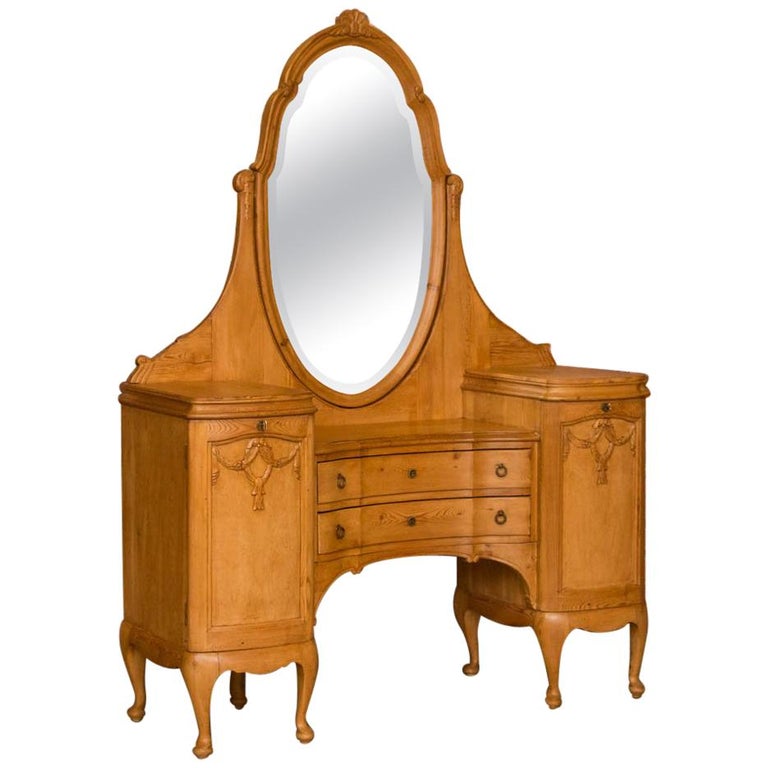 Antique Danish Pine Vanity With Beveled Mirror Antique Danish Pine Vanity With Beveled Mirror For
