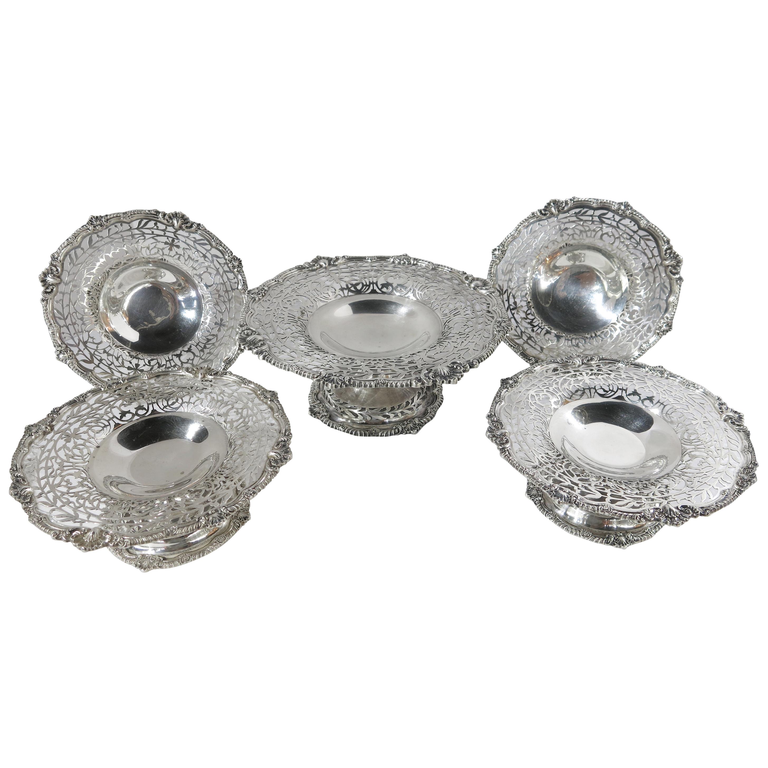 Set of Five Antique Sterling Silver Pierced Dishes