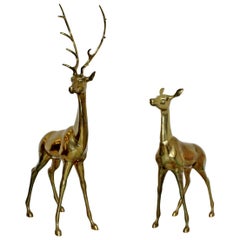 Mid-Century Modern Pair Brass Bronze Deer Floor Sculptures Statues