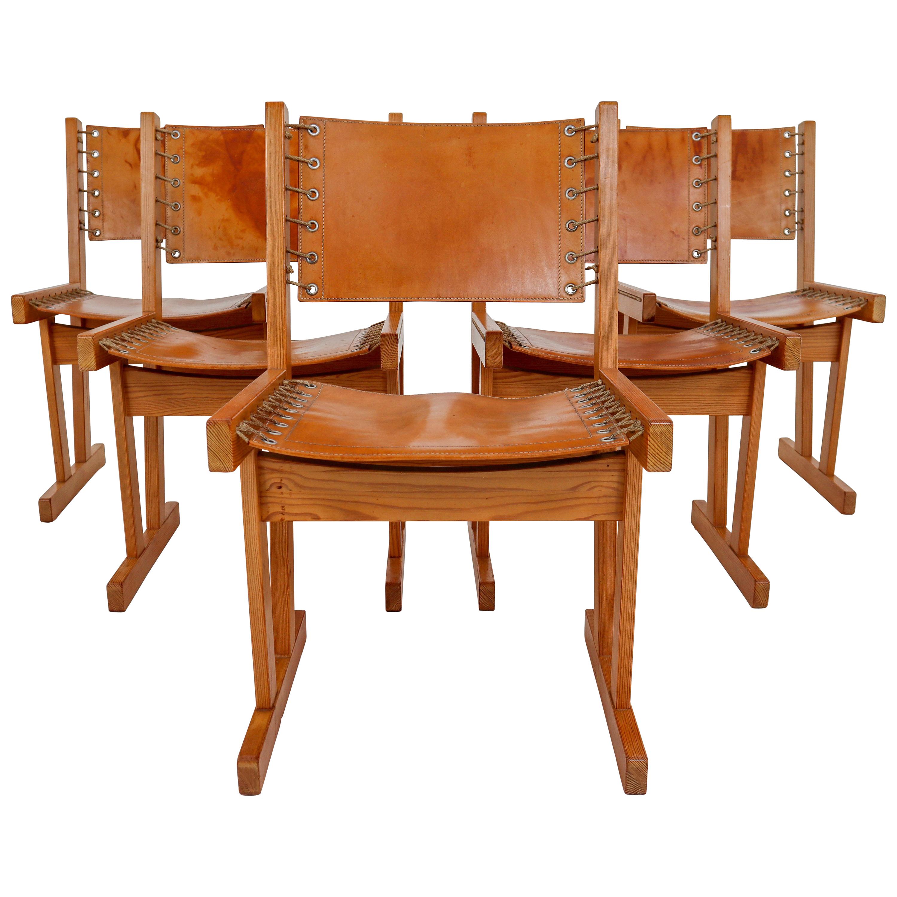 Midcentury Safari Chairs in Thick Cognac Saddle Leather and Solid Pine Wood
