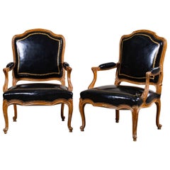 Pair of Vintage Louis XV Walnut Chairs circa 1920 Original Leather Upholstery