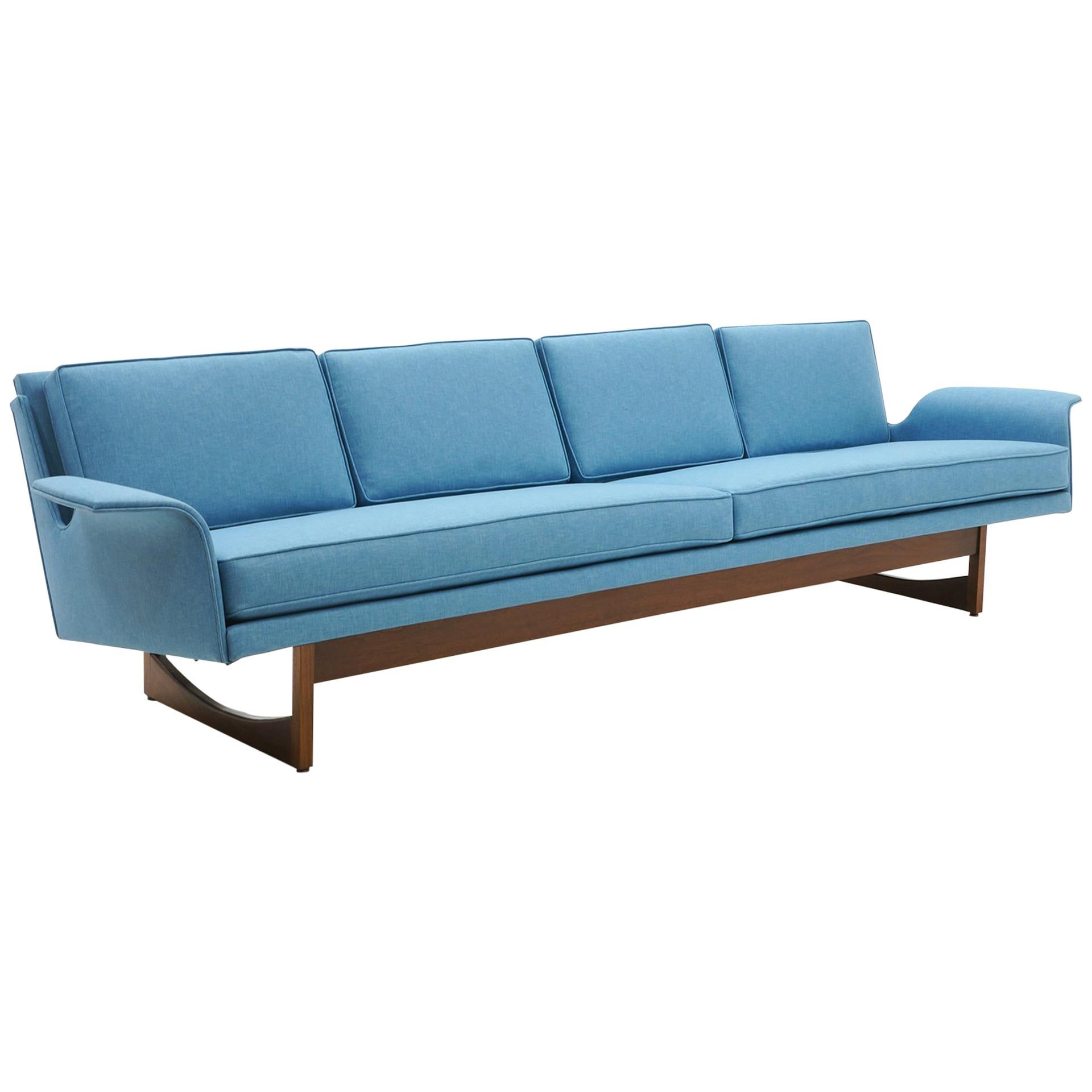 Four-Seat Sofa Possibly Danish Modern or Adrian Pearsall, Beautiful Blue Fabric