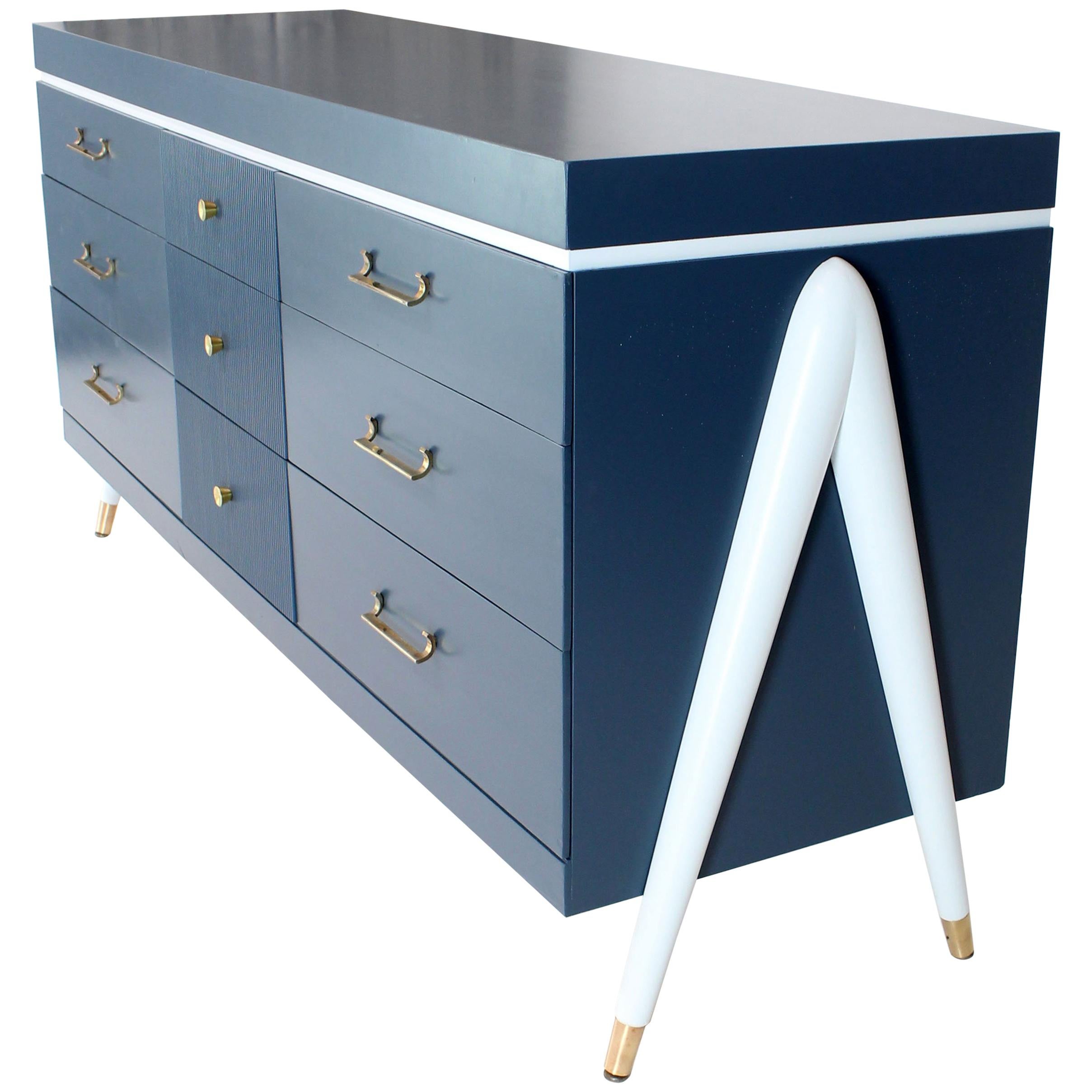 White and Blue Exposed Sculptural Compass Shape Legs Nine Drawers Dresser