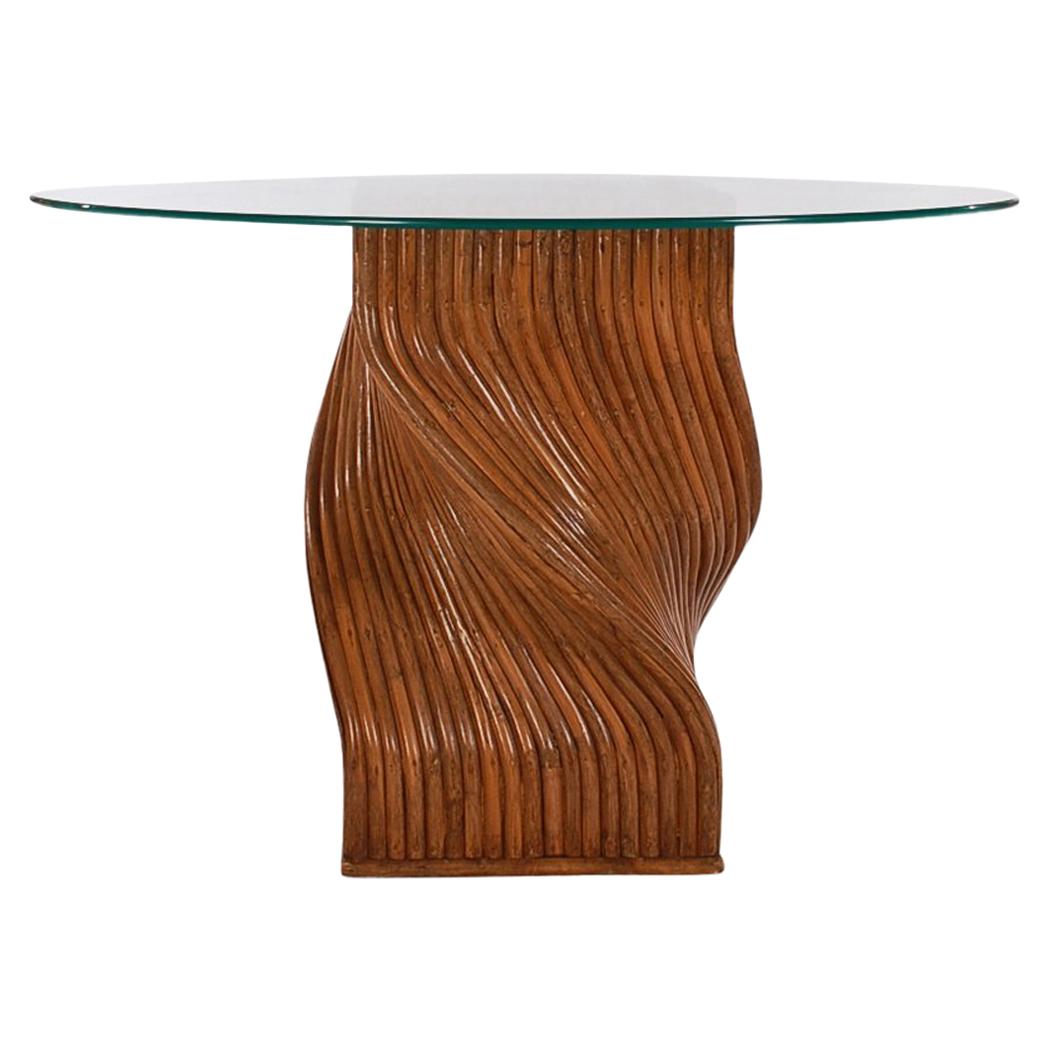 Walnut Stained Mid-Century Modern Dark Bamboo Spiral & Round Glass Dining Table