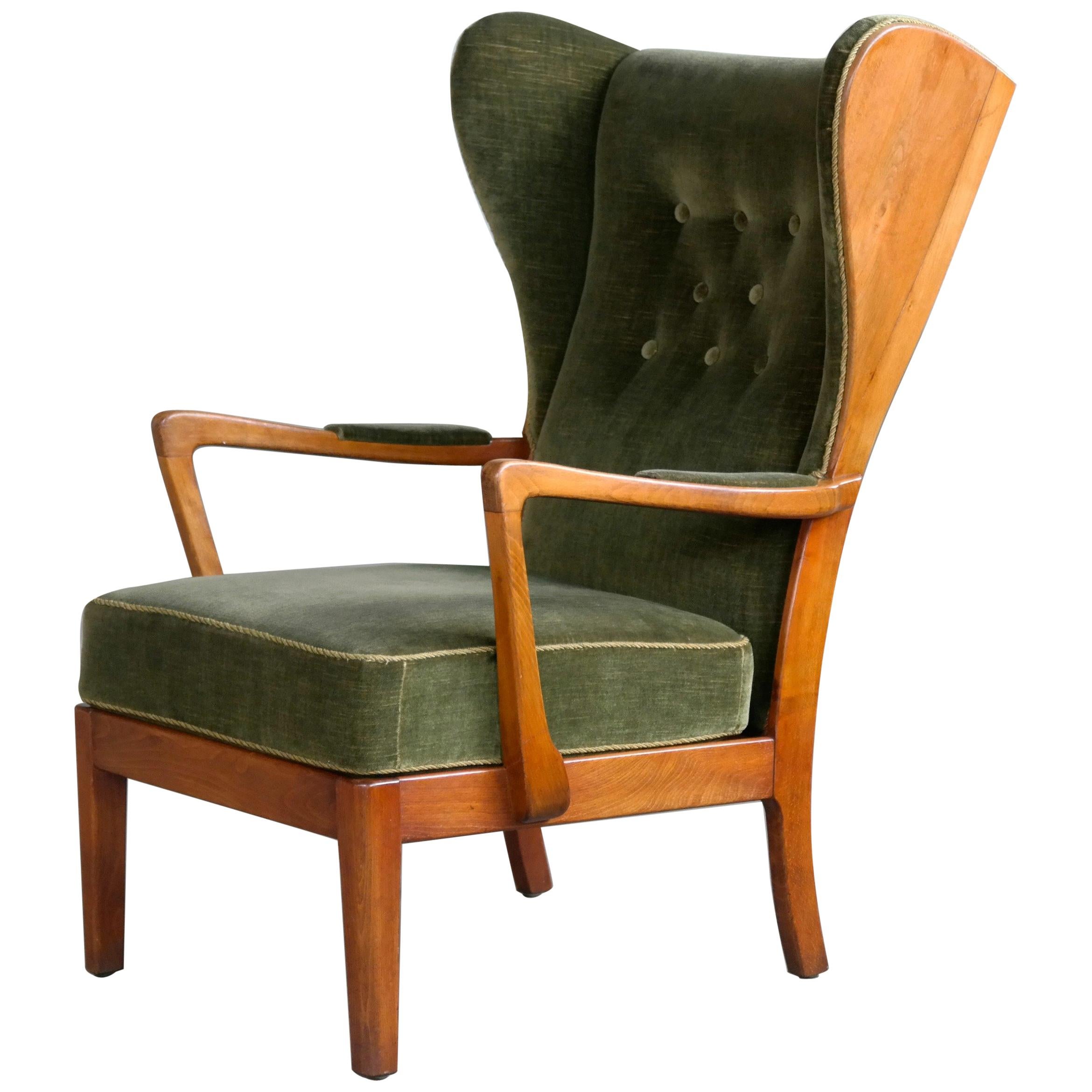 Danish Modern 1950s Highback Lounge Wing Chair Attributed to Fritz Hansen