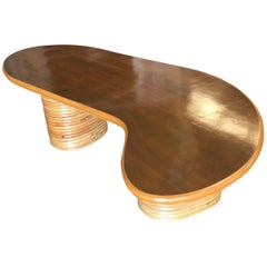 Long Biomorphic Rattan Coffee Table with Wood Top
