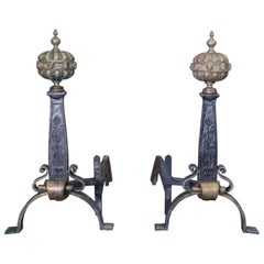 Pair of 19th Century Cast Iron Andirons with Bronze Melon-Shape Finials Antique Pair of 19th Century Cast Iron Andirons with Bronze Melon-Shape Finials
