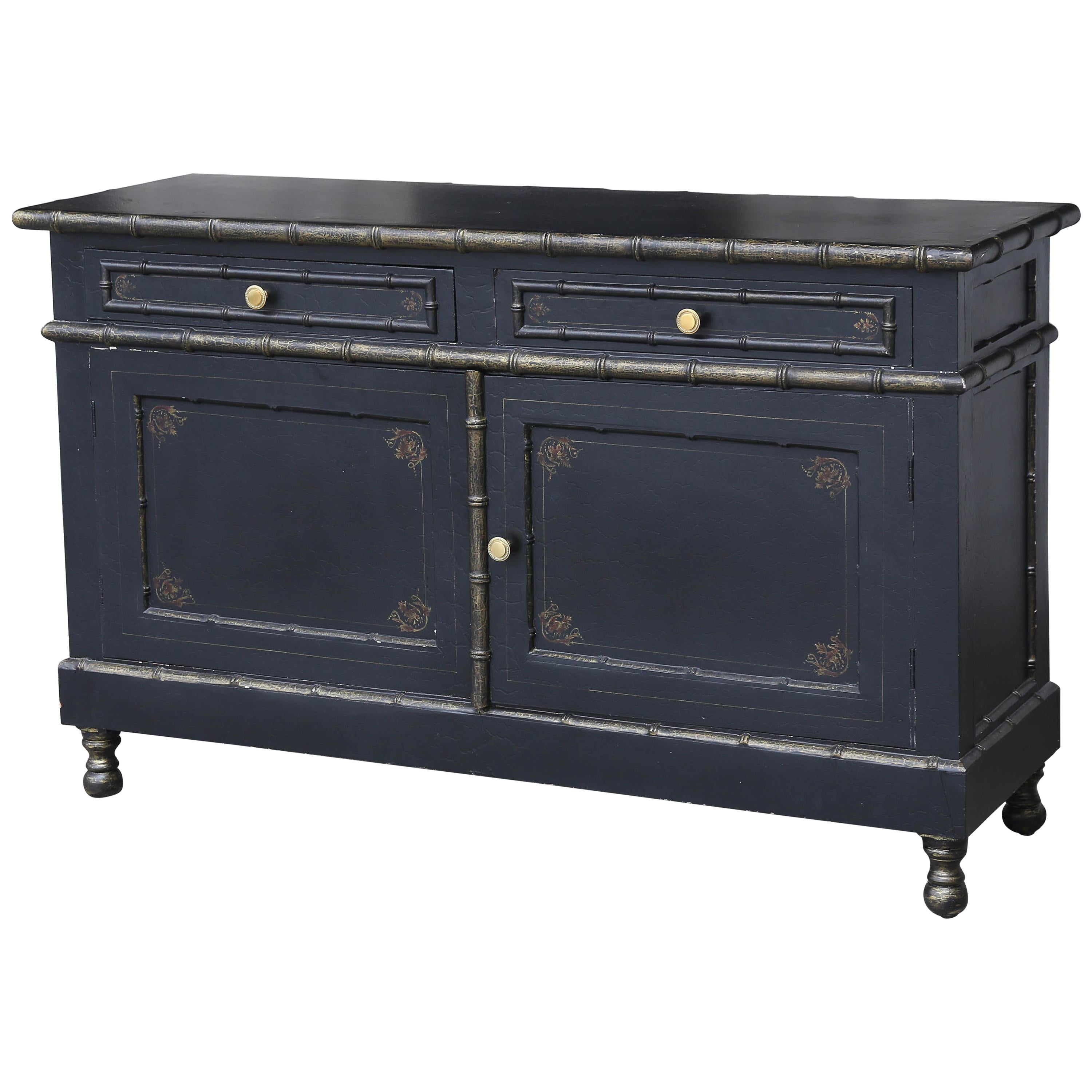 Vintage Faux Bamboo Black Credenza with Gold Trim For Sale