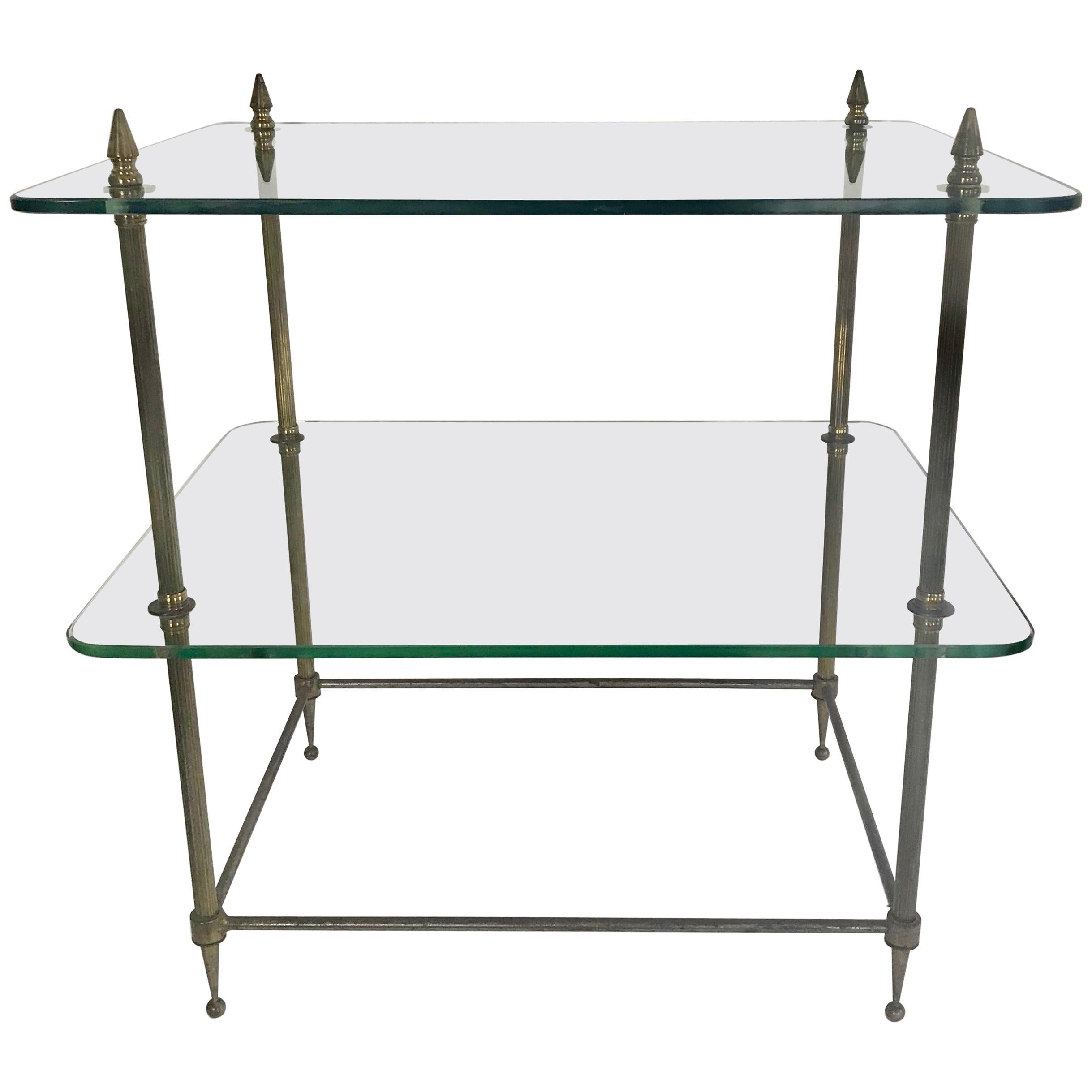 Two-Tiered Glass and Brass Side Table from France