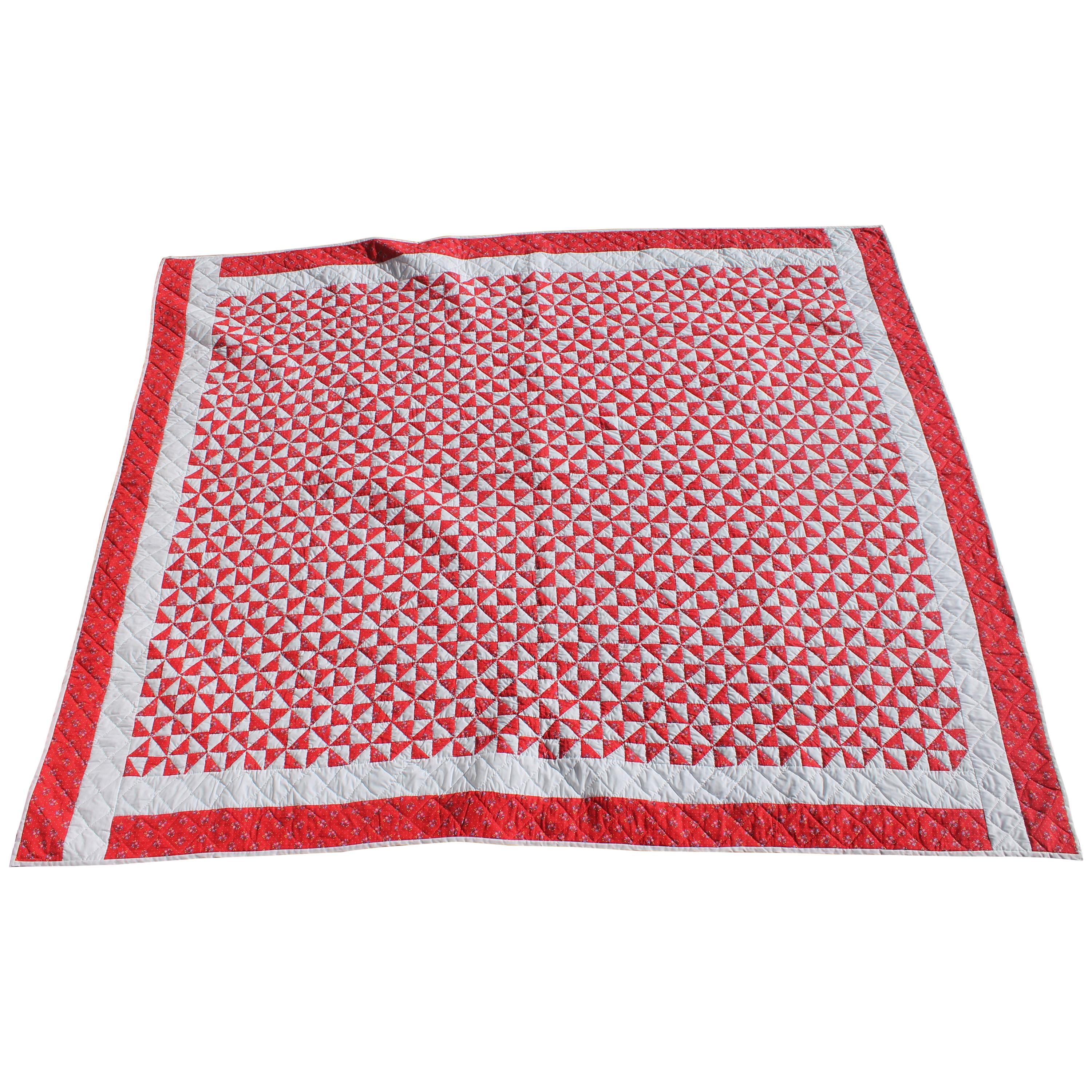 Antique Quilt - 20th Century Mini-Triangles Quilt Red and White