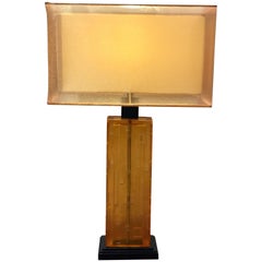 Pair of Cityscape Citrine Lucite Lamps with Custom Shades