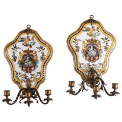 Pair of Majolica School Hand-Painted Faience Pottery Candle Wall Sconces by Gien