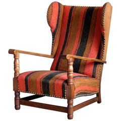 Vintage Danish 1930s Midcentury Country Style Wingback Armchair in Solid Oak