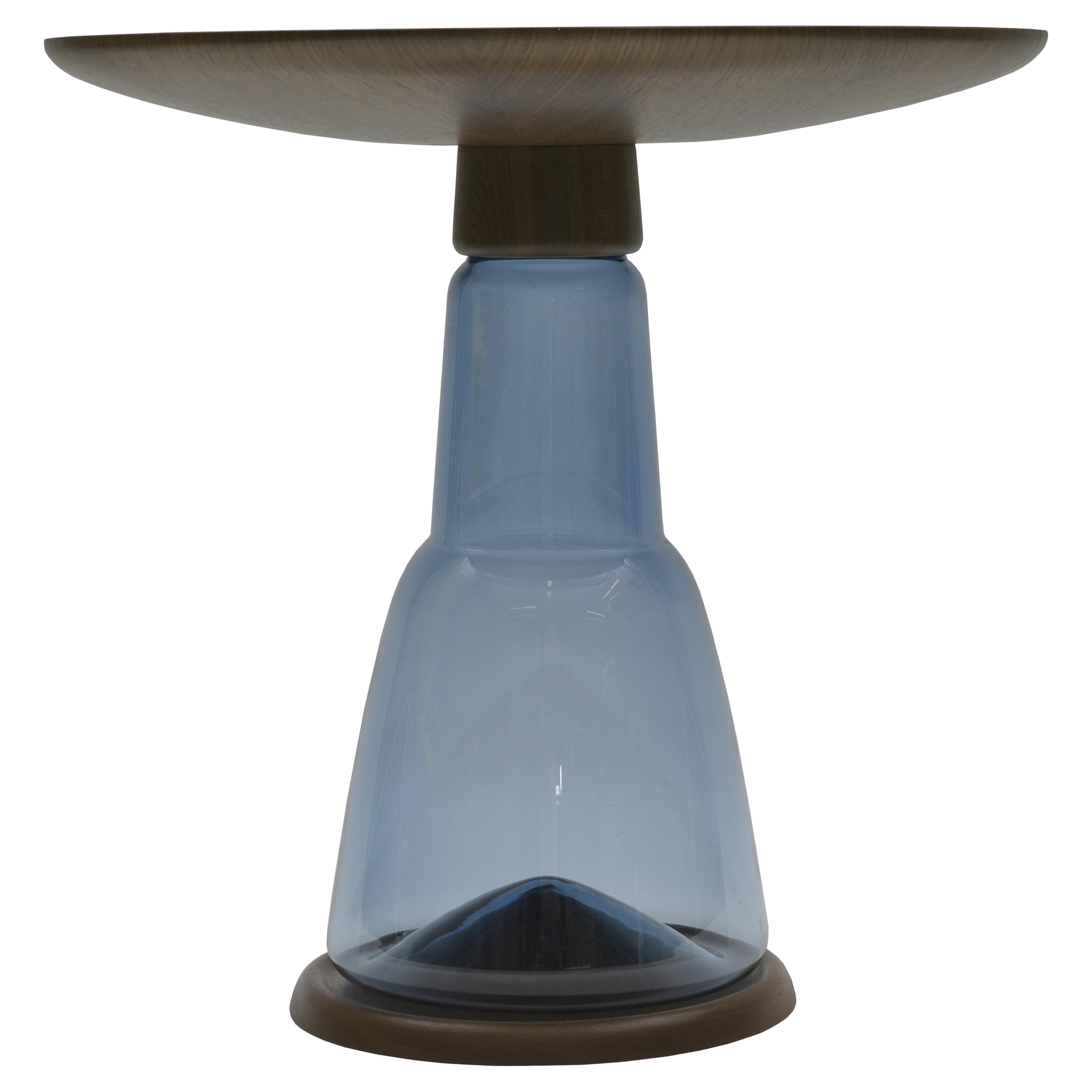 Donghia Beaker Round Pedestal End Table with Sapphire Glass Base and Wood Top For Sale
