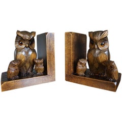 Antique Early 20th Century Art Deco Era Bookends W. Hand Carved Family of Owl Sculptures