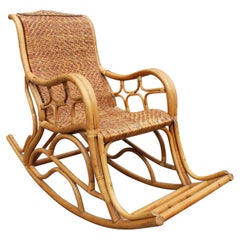 Retro 1980s Spanish Bamboo and Laced Wicker Rocking Chair