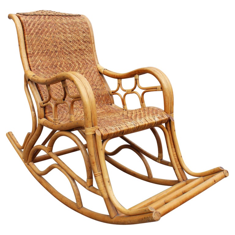1980s Spanish Bamboo and Laced Wicker Rocking Chair at 1stDibs