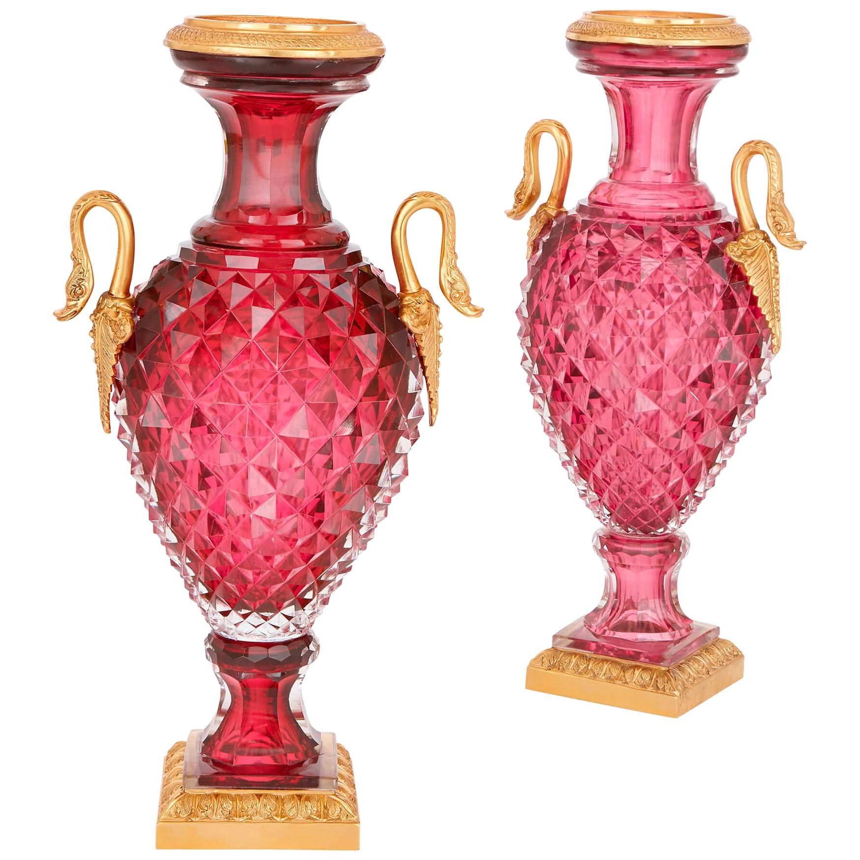 Pair of Russian Cut Glass and Gilt Bronze Vases