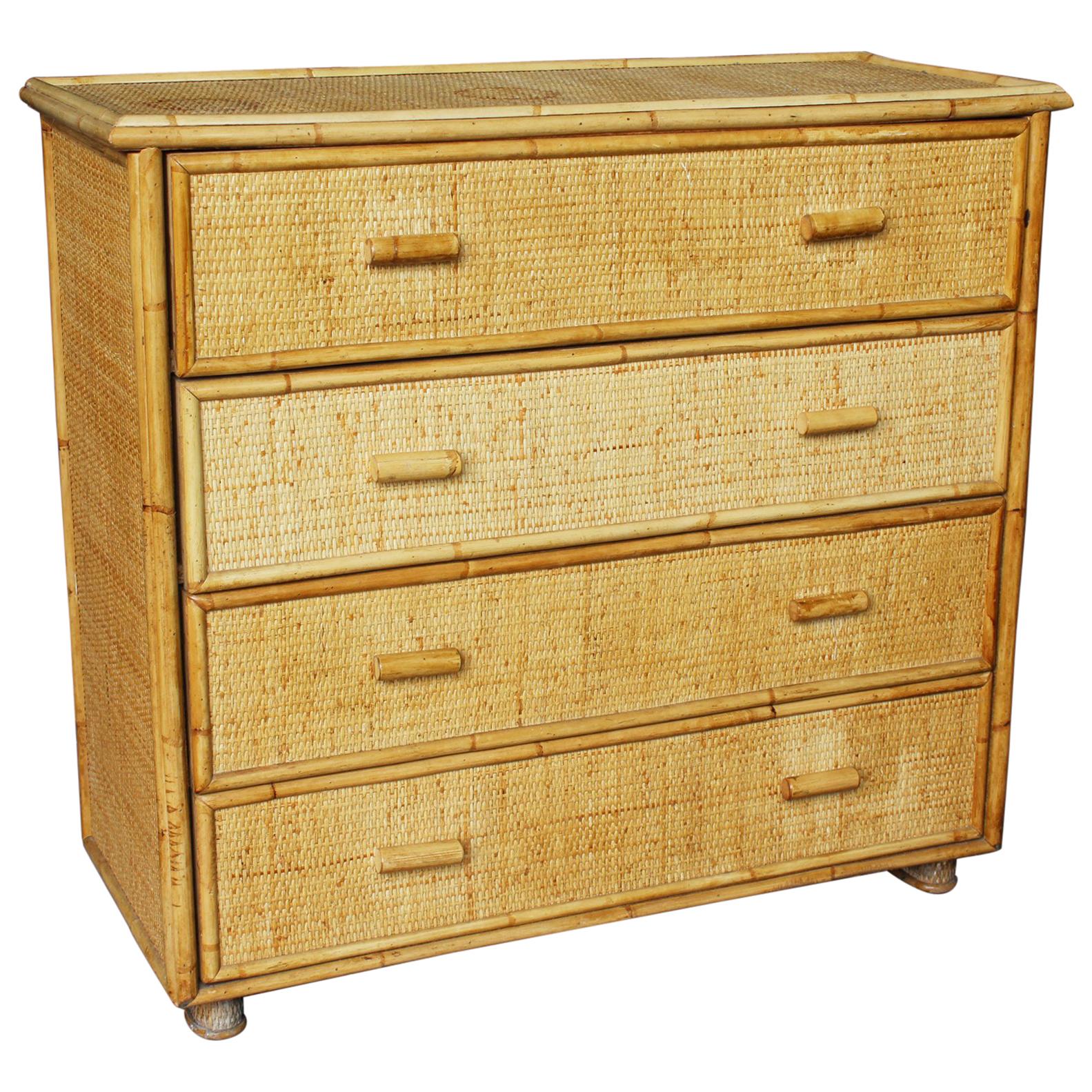 1980s Spanish Bamboo and Rattan Four Drawer Chest