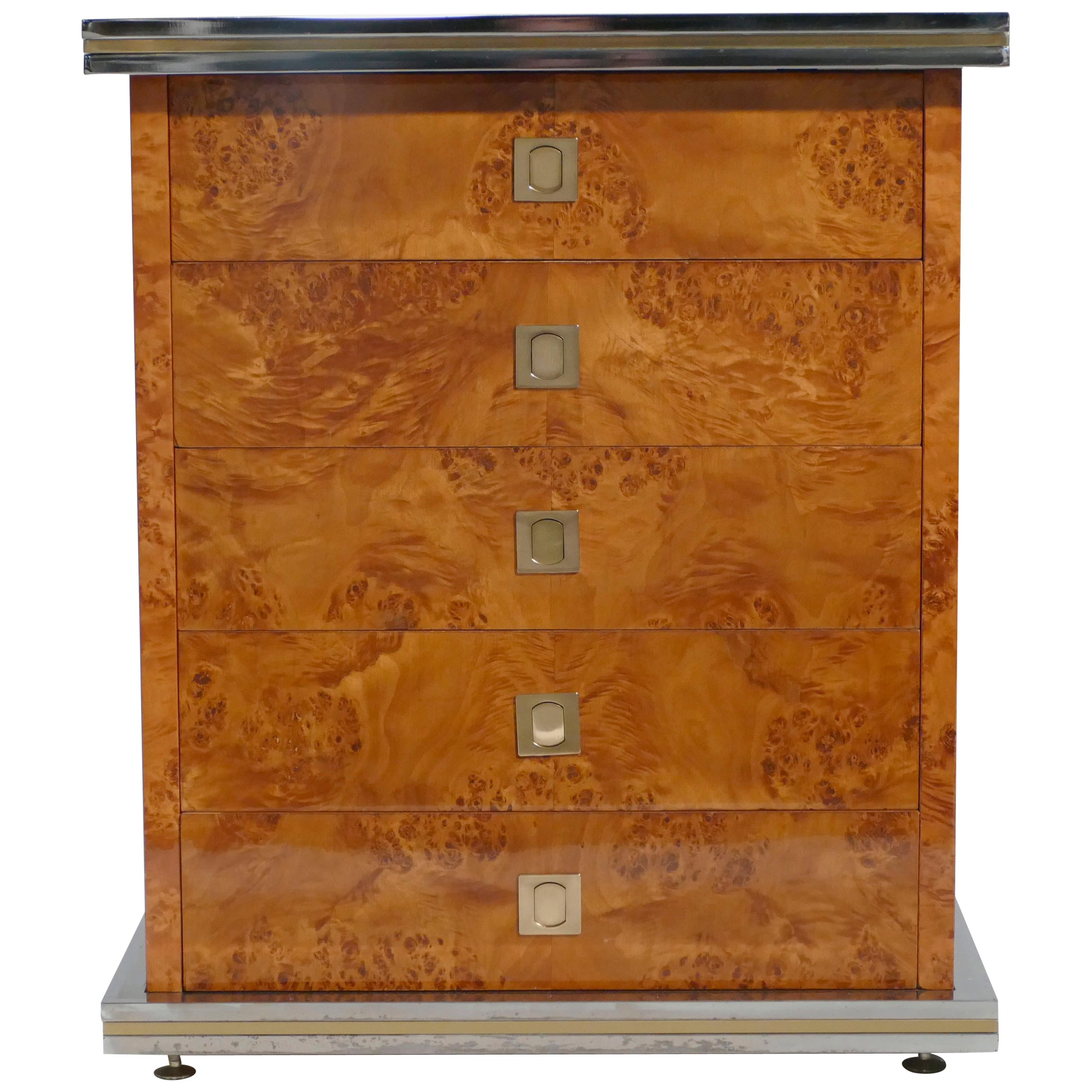 Willy Rizzo Burl Brass Chest of Drawers, 1970s