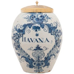 Dutch Delft Blue and White Tobaccojar 'Havana' with Brass Cover