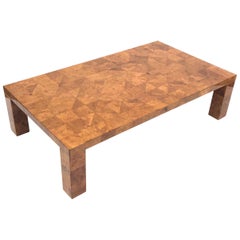 Chic 1970s Italian Geometric Patterned Burl Wood Cocktail Table