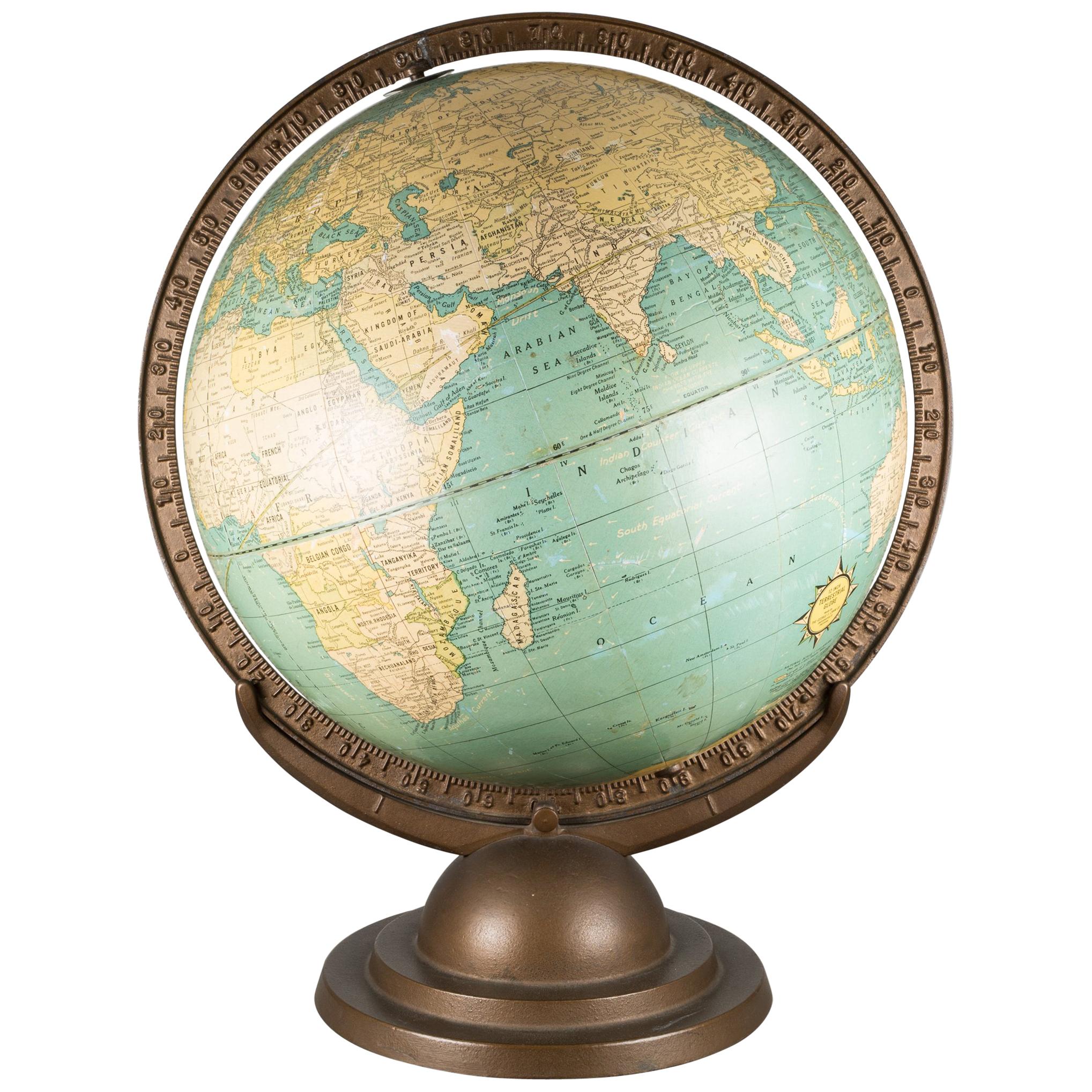 1920s Terrestrial Globe with Metal Bracket and Base
