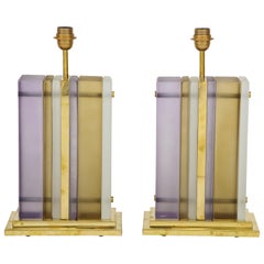 Pair of White, Smoke and Lavender Murano Glass Block and Brass Lamps, Italy