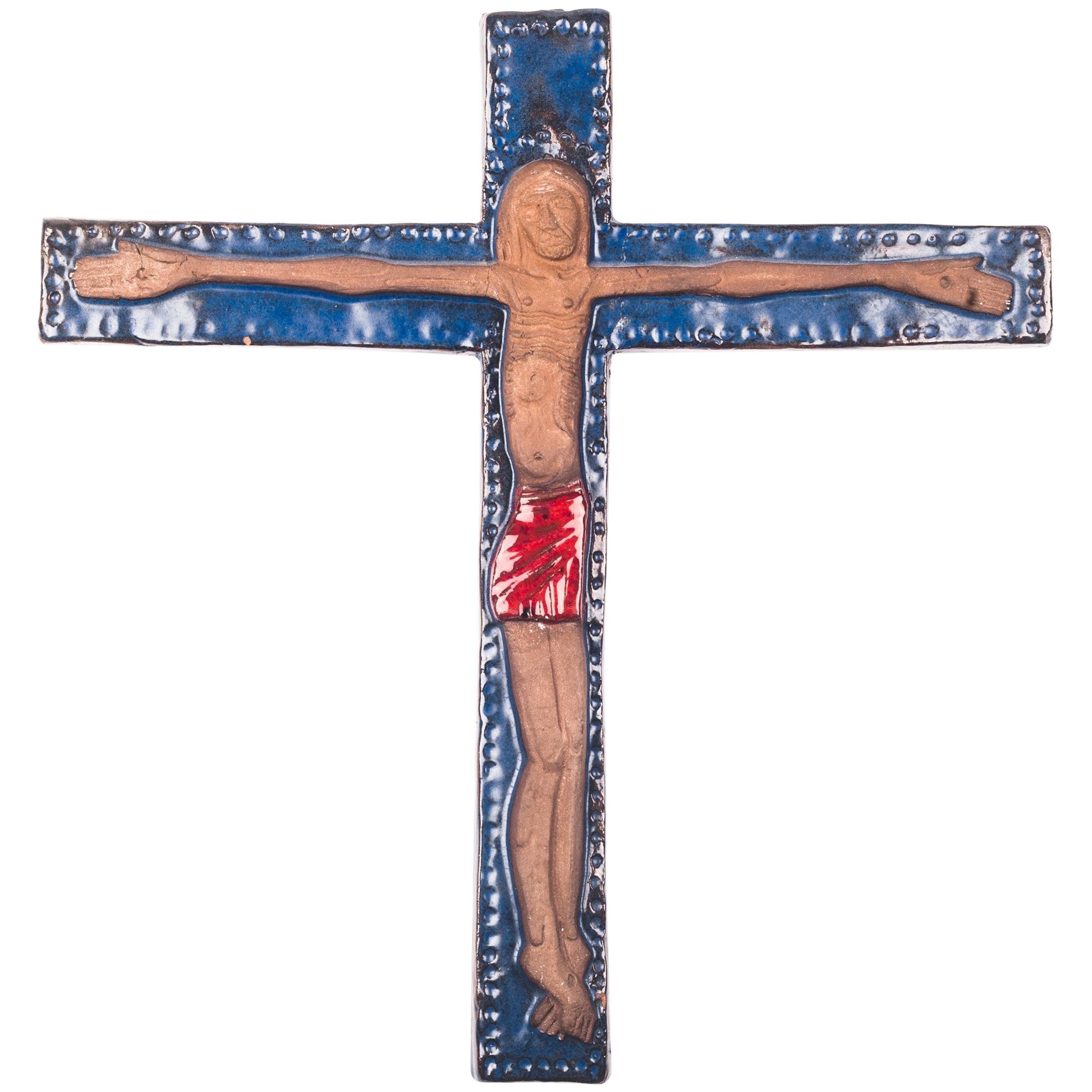 Large Wall Cross, Blue, Red Painted Ceramic, Handmade in Belgium, 1970s